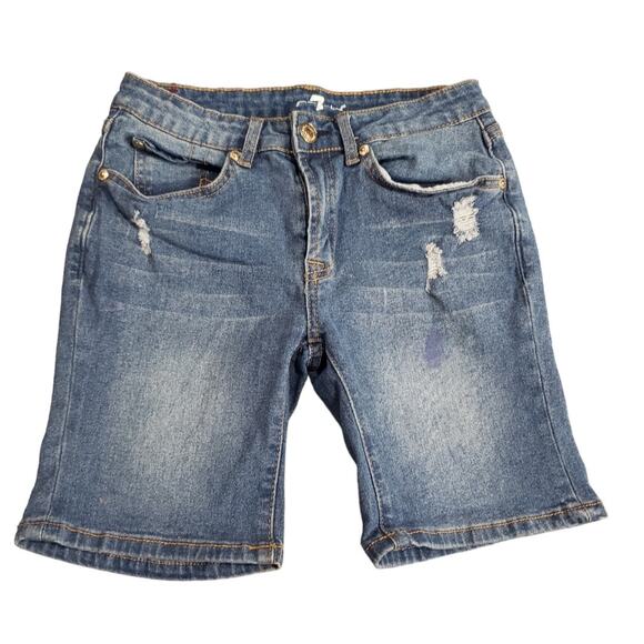 7 For all Mankind Distressed Dark Washed Blue Jean Shorts | Girls Size 14 - Picture 1 of 7